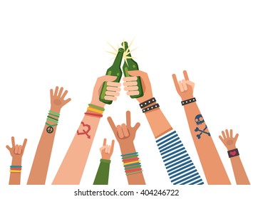 Youth crowd hands toasting with bottles of beer. Manifesting new generation crowd. A lot of hands of young people with different gestures. Vector colorful illustration in flat style isolated on white