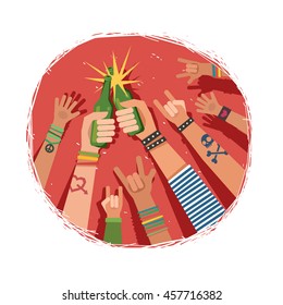 Youth crowd hands toasting with bottles of beer. Manifesting new generation crowd. A lot of hands of young people with different gestures. Vector colorful illustration in flat style on red background