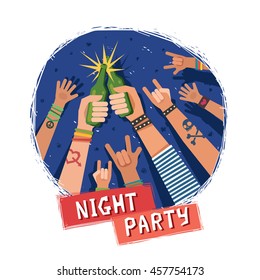 Youth crowd hands toasting on party with bottles of beer, Night Party text on ribbon. Manifesting new generation crowd. A lot of hands with different gestures. Vector illustration in flat style