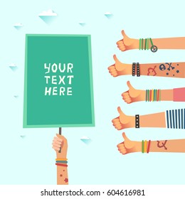 Youth crowd with a placard with place for some text or logo. Millennials concept. A lot of hands of young people with Like gesture. Vector illustration in flat style