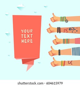 Youth crowd with a ribbon and place for some text or logo. Millennials concept. A lot of hands of young people with thumbs up gestures. Vector illustration in flat style.