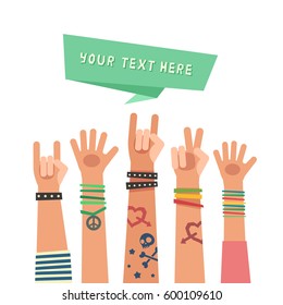 Youth crowd with ribbon for your text. Millennial concept. A lot of hands of young people with different gestures. Vector illustration in flat style