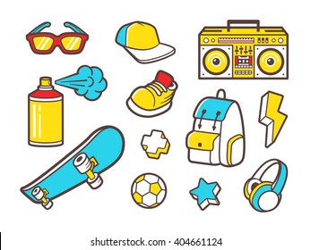 Youth culture symbols - headphones, sneakers shoes, backpack and sunglasses. Urban lifestyle flat outline vector icons - boombox, paint spray, soccer ball and skateboard