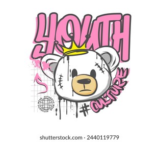 youth culture typography with bear doll graffiti art style vector illustration on white background, vector illustration for t shirt design, streetwear, or hoodie