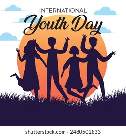 Fondo del día de la juventud con siluetas. Un joven celebra el Día Mundial de la Juventud. Amistoso equipo, cooperación, amistad, tarjeta con gente de la multitud colorida. Ilustración vectorial.