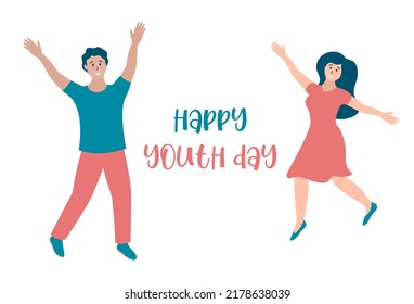 Youth day celebration. Happy young people together jumping and smiling. Girl and guy celebrating International Youth Day August 12. Flat vector poster, banner, greeting card illustration.