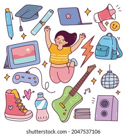 Youth day concept doodle, happy teenager with their hobbies and equipment