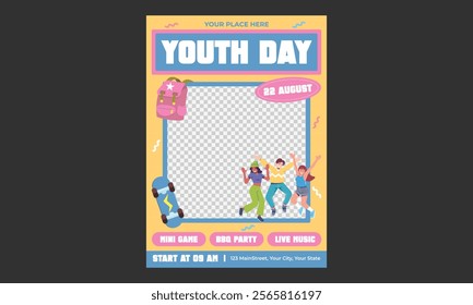 Youth Day Flyer. Fun, colorful, poster, illustration, background, celebration, people, community, banner, social, celebrate, august, day, international, event, world, society, youth, holiday