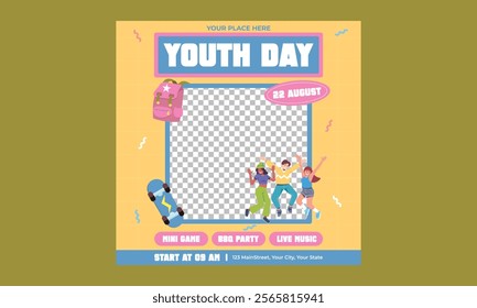 Youth Day Socials Media. Fun, colorful, poster, illustration, background, celebration, people, community, banner, social, celebrate, august, day, international, event, world, society, youth, holiday