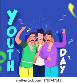 Youth Day Text With Cheerful Young Boys In Selfie Action On Blue Background Decorated Confetti.