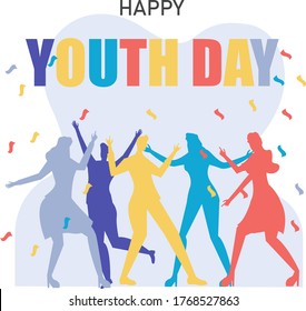 Youth Day vector concept: colorful silhouette of people dancing under falling trifles