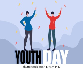 Youth Day vector concept: couple celebrating and cheering under the rain of knickknacks