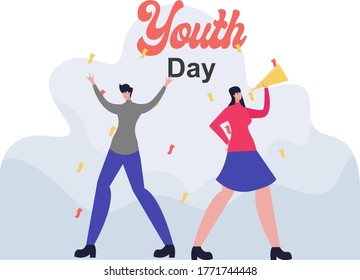 Youth Day vector concept: couple celebrating and blowing trumpet under the rain of knickknacks