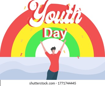 Youth Day vector concept: portrait of man cheering under "Youth Day" text and a rainbow