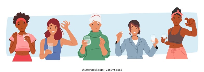 Youth and Elderly Female Characters Grasping Pills, Embodying Hope And Healing. Women Treat Illness for Health and Wellness, A Testament To The Power Of Medicine. Cartoon People Vector Illustration