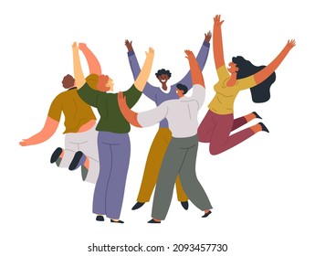 Youth or employees, team colleagues or students excited and happy. Celebrating people jumping and screaming, success and rejoice of male and female characters. Victory congrats. Vector in flat style