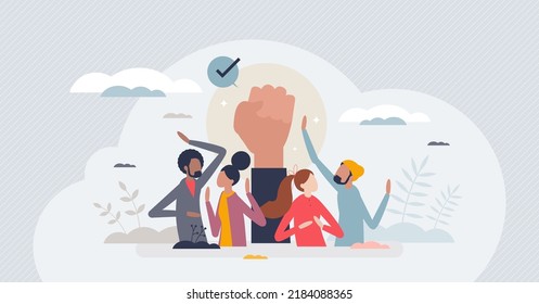 Youth empowerment and activism movement encouragement tiny person concept. Democracy opportunity to improve social process and go to protests vector illustration. Leadership skills awareness