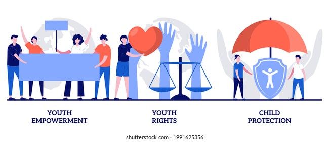 Youth Empowerment And Rights, Child Protection Concept With Tiny People. Young People Rights Protection Vector Illustration Set. Take Action, Improve Life Quality, Involvement, Voting Age Metaphor.