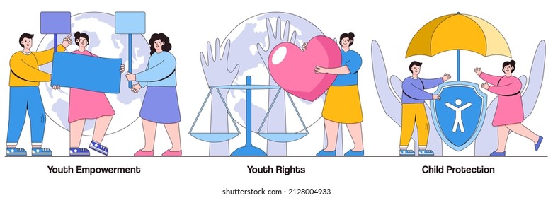 Youth empowerment and rights, child protection concept with people characters. Young people rights protection illustration pack. Take action, improve life quality, involvement, voting age metaphor.