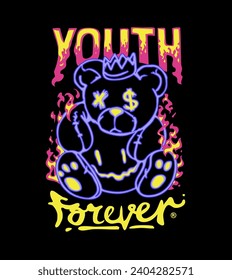 youth forever calligraphy slogan with bear doll graffitti vector illustration on black background