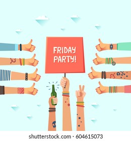 Youth Friday party. A lot of hands of young people showing thumbs up hand sign. Millennial's fun evening concept. New generation crowd. Drunk College Students. Have A Great Weekend.