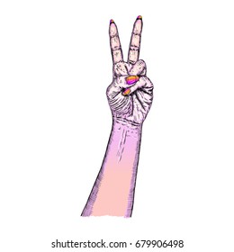 Youth girl pink hand manifesting Millennials new generation gestures. Young woman fist wrist freedom victory sign. Vector.