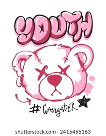 youth graffitti slogan with bear doll hand drawn cartoon vector illustration