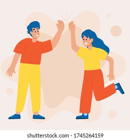 Youth greetings. Girls guys say hello, friends hug, meeting and shake hands. Isolated joyful people vector set. Greeting hello communication, young character friendly illustration