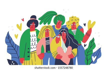 Youth group flat hand drawn vector illustration. Scandinavian style teenagers, students cartoon characters. Female team cooperation concept. Best friends forever banner, poster design element