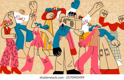 Youth group. Joyful characters crowd. Abstract grunge drawing. Happy young people dance. Disco music party. Modern community of zoomers. A generation of positive girls and boys. Vector illustration