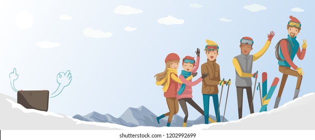 Youth group Taking pictures together.Between Ski Trips.Mountain landscape snow.Modern lifestyle.Cutting edge concept technology of ai,robots in a mobile format.Imaginative design of future technology.