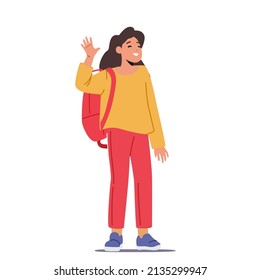 Concepto de juventud, felicidad y educación. Niña pequeña con mochila ondeando la mano aislada de fondo blanco. Niños escolares se reúnen con amigos después de vacaciones de verano. Ilustración del vector de dibujos animados,