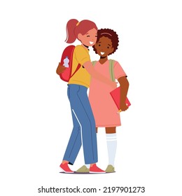 Youth, Happiness and Education Concept. Little Pupil Girl with Backpack Waving Hand Isolated on White Background. School Child Meeting Friends after Summer Vacation. Cartoon Vector Illustration,