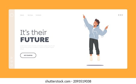 Youth, Happiness and Freedom Concept Landing Page Template. Little Boy Playing and Jumping. School Children Celebrate Party, Meeting Summer Vacation. Cartoon People Vector Illustration