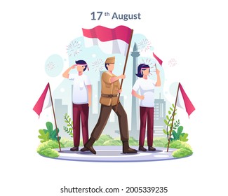 Youth and heroes celebrate Indonesia's Independence Day on August 17th. Flat vector illustration