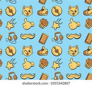 youth hipster pattern with cat face, moustache, sneakers, like, cupcake, shooting star, smartphone, headphones and vinyl record on a blue background