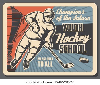 Youth hockey studio school, player on ice holding stick and throwing puck. Winter sport game, champions of future league vector retro poster. Man in protective gear and helmet, hockey player on rink