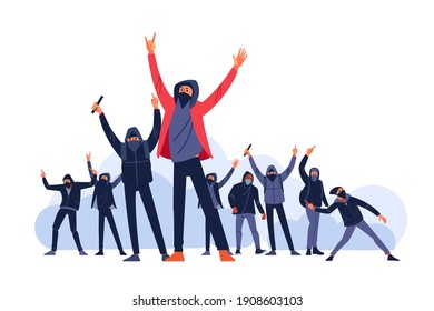 Youth Hooligans protests, fire smoke soot street fighting. Protesters throws stones toward police during city streets riots. Cartoon flat style vector illustration isolated on white background.