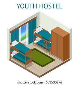 Youth hostel building facade, backpack, double decker bunk bed, room key Travel and tourism business themed items. Isometric hostel room