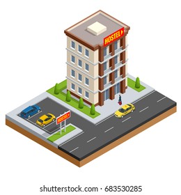 Youth hostel building facade, backpack, double decker bunk bed, room key Travel and tourism business themed items