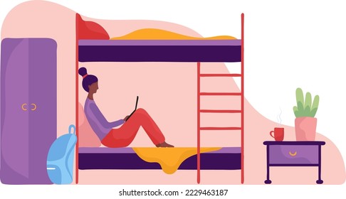 Youth hostel, modern room, bunk comfortable bed, student accommodation Isolated on white, design, flat style vector illustration.