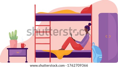 Youth hostel, modern room, bunk comfortable bed, student accommodation Isolated on white, design, flat style vector illustration. Design style modern room, girl reads book, comfy clean hotel.