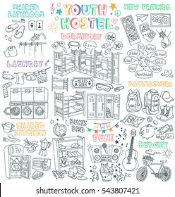 Youth Hostel Vector Drawings Collection. Budget hotel services and facilities - dormitory room, bunk bed, shared bathroom and common areas. 
Words around the globe means "Hello" in various languages