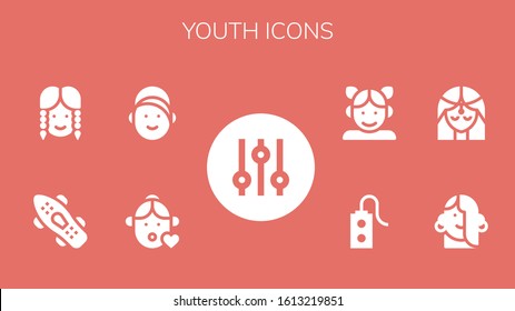 youth icon set. 9 filled youth icons.  Simple modern icons such as: Controller, Girl, Skateboard