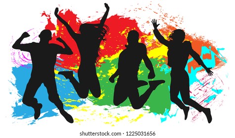 Youth in a jump colored. Cheerful man and woman isolated. Jumping friends colorful background. Vector silhouette