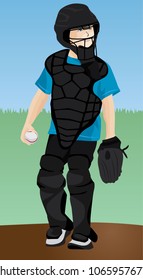 Youth league baseball boy catching position with ball, mitt, and chest protector colorful outdoor vector illustration.