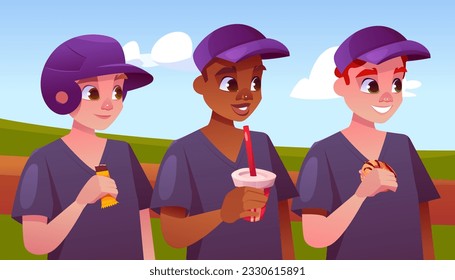 Youth League Baseball Team Enjoying Snacks in the Bench. Chocolate Bar, Drink and Donut. Vector Illustration Baseball Players in Cartoon Style.