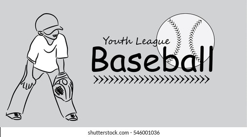 Youth league baseball text logo with a ball and stitching. Simple line art image of boy standing with mitt and ball cap