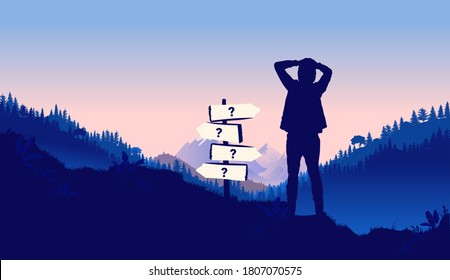 Youth life choices - Young male standing in front of directional sign wondering about life paths. Choose, pick a path and  the way forward concept. Vector illustration.