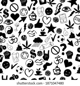 Youth life's signs. Seamless pattern. Vector hand drawn background